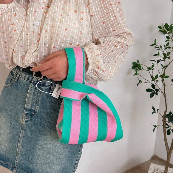 Pink Casual Women's Duke Crochet Stripe Pattern Lattice Handheld Bag - Picture 5 of 10